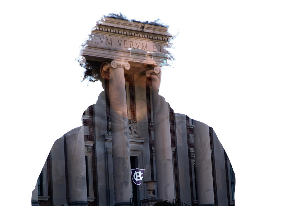 A double exposure image of a man and the columns of a large building