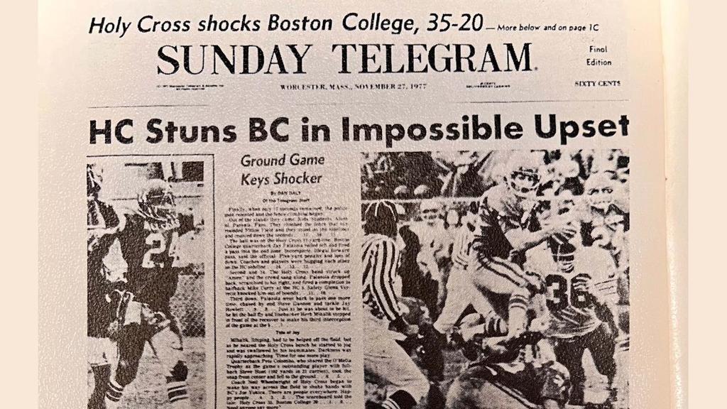 Newspaper clipping of Holy Cross' win over Boston College