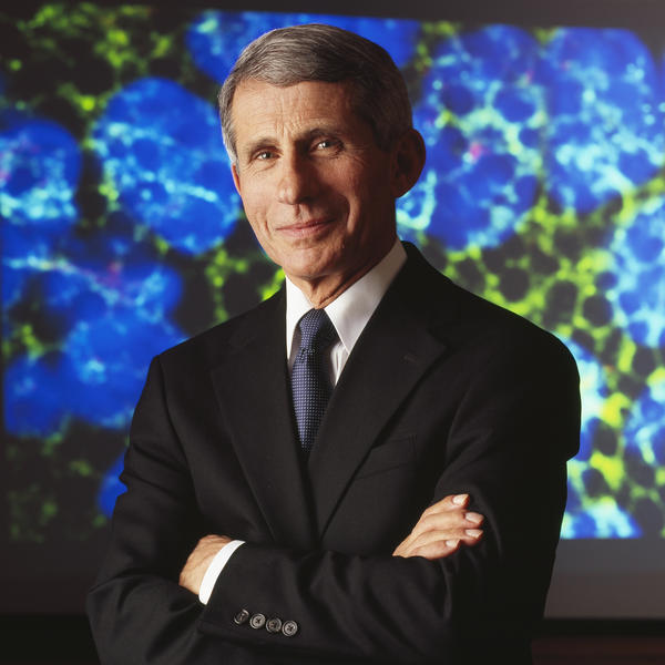 Dr. Anthony Fauci stands in front of a blue background