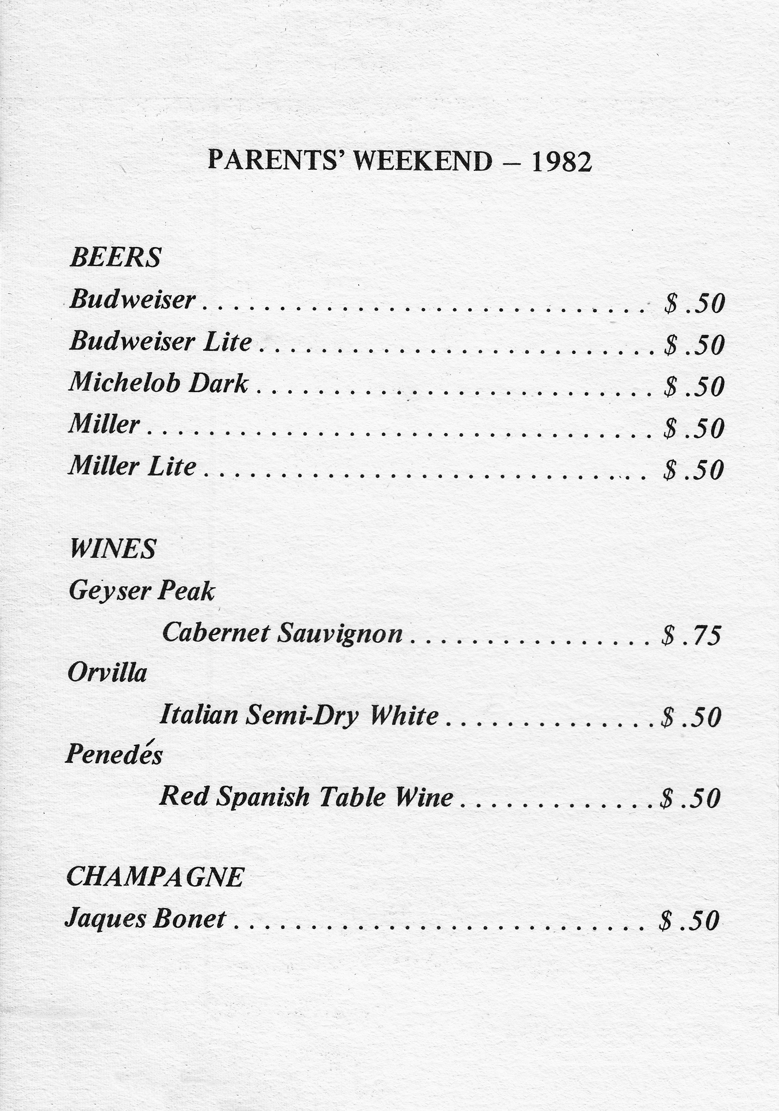 A sheet of paper listing prices of beer and wine