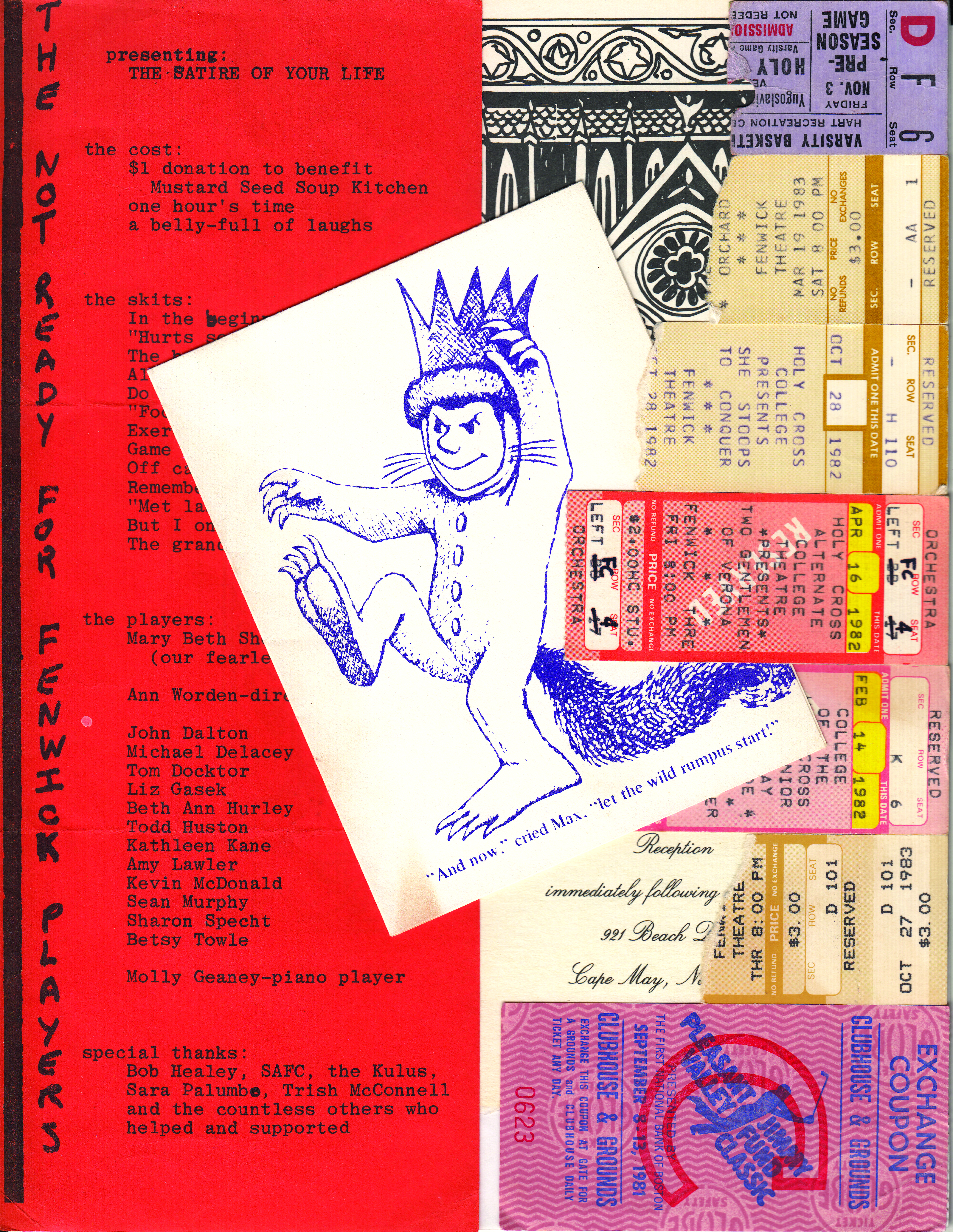 A scrap book with red and black text and an illustration of a boy in an animal suit wearing a crown