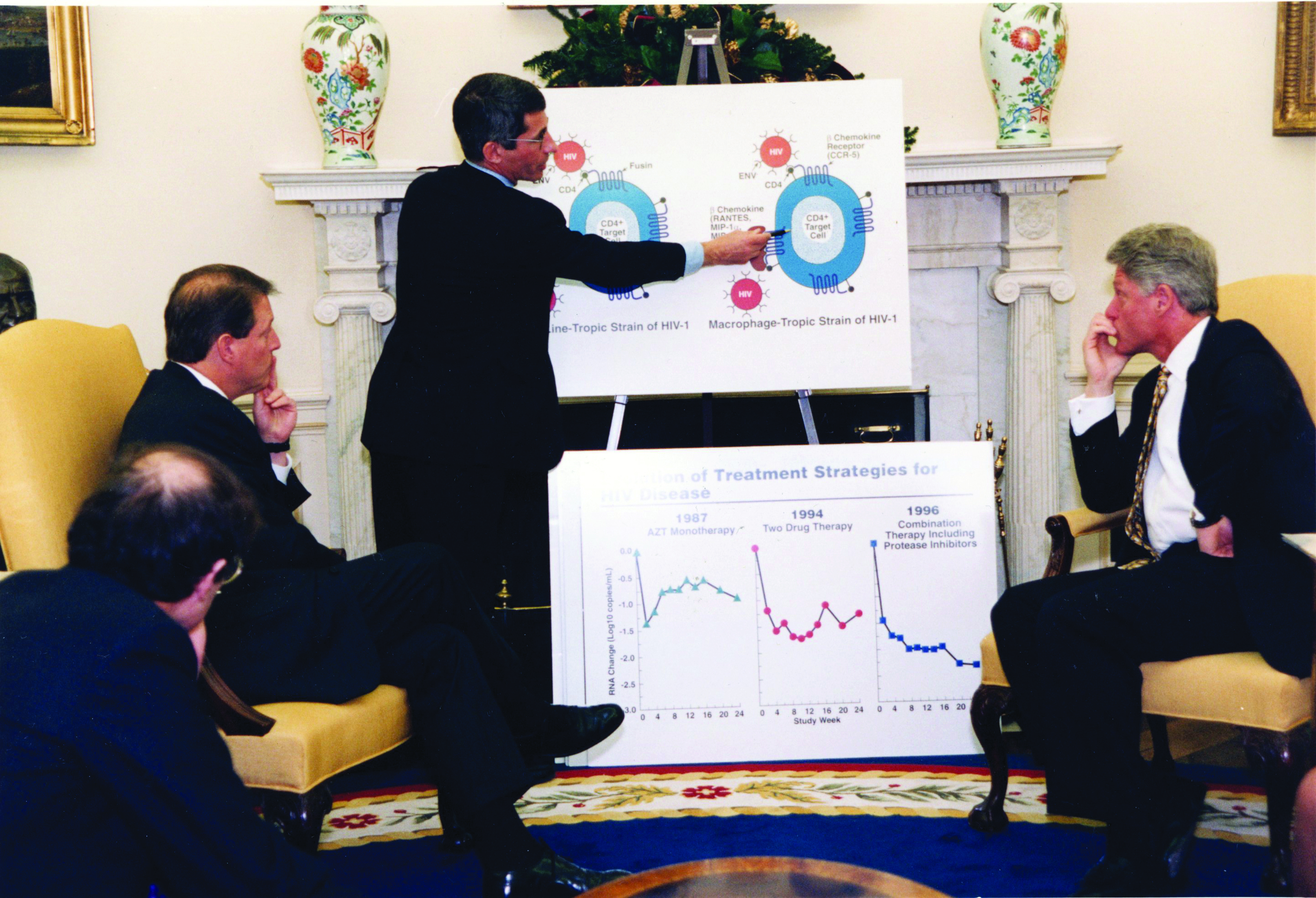 Fauci walking President Bill Clinton through HIV treatment strategies.
