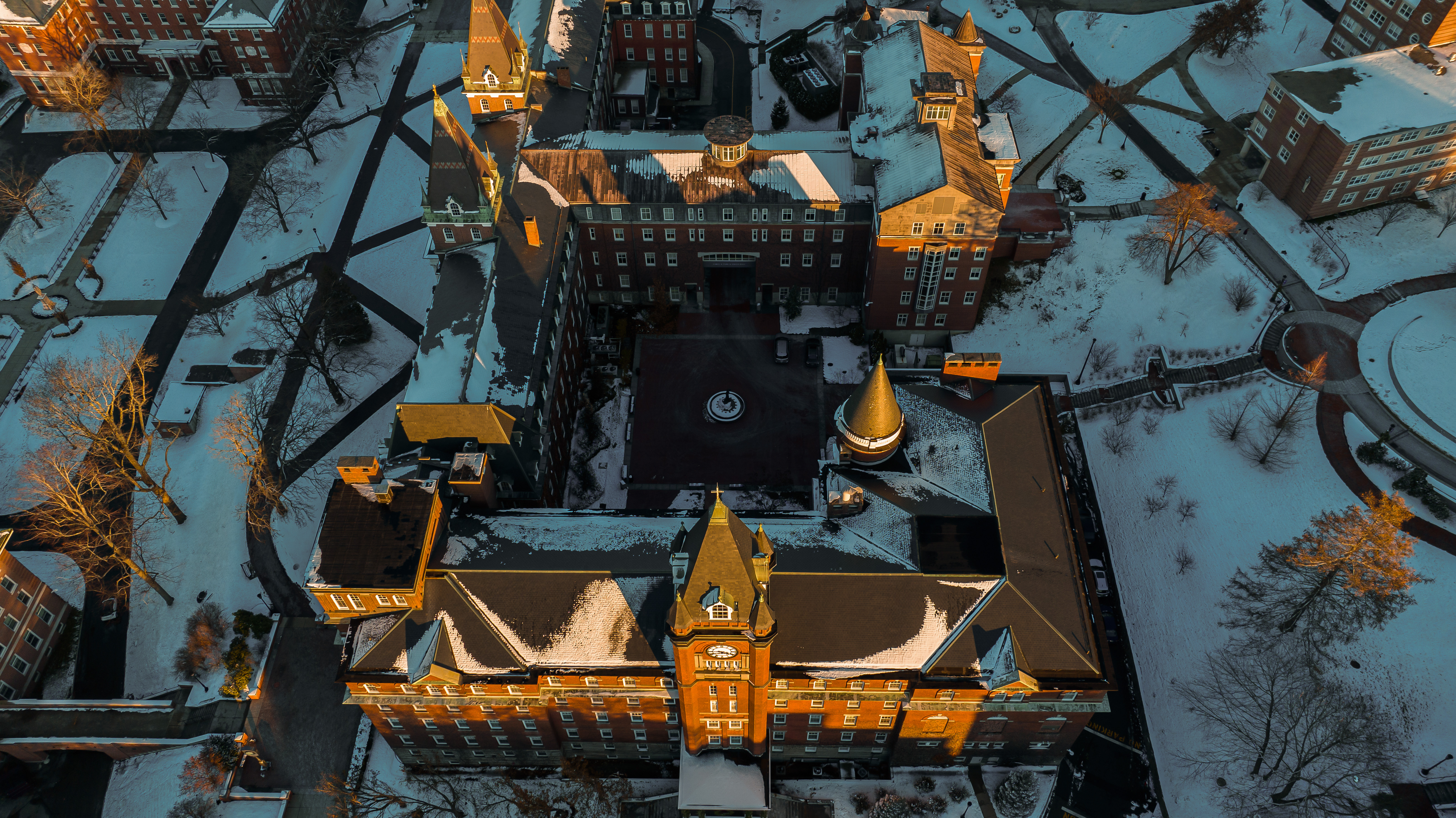 An aerial image of a college campus