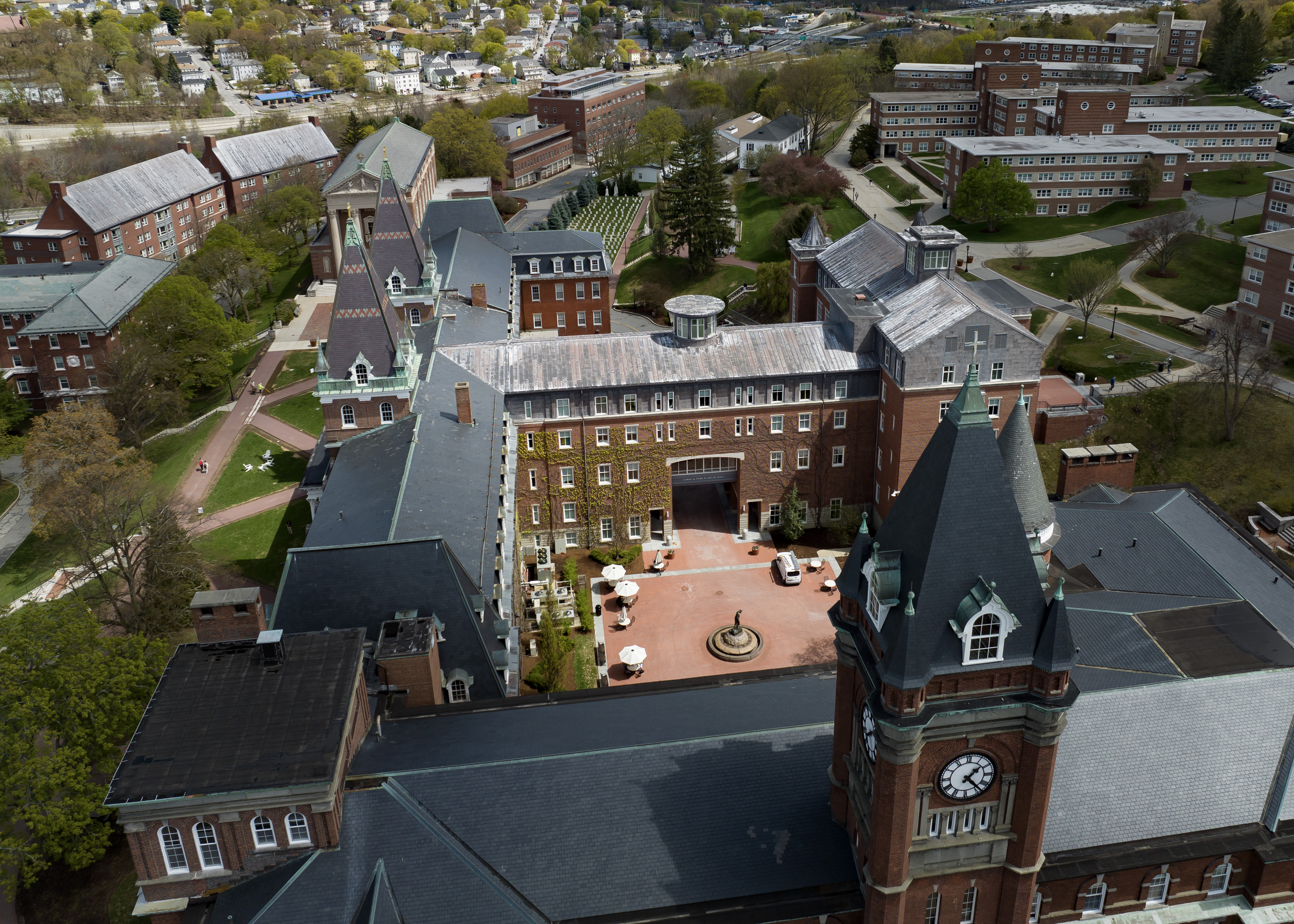 An aerial image of a college campus