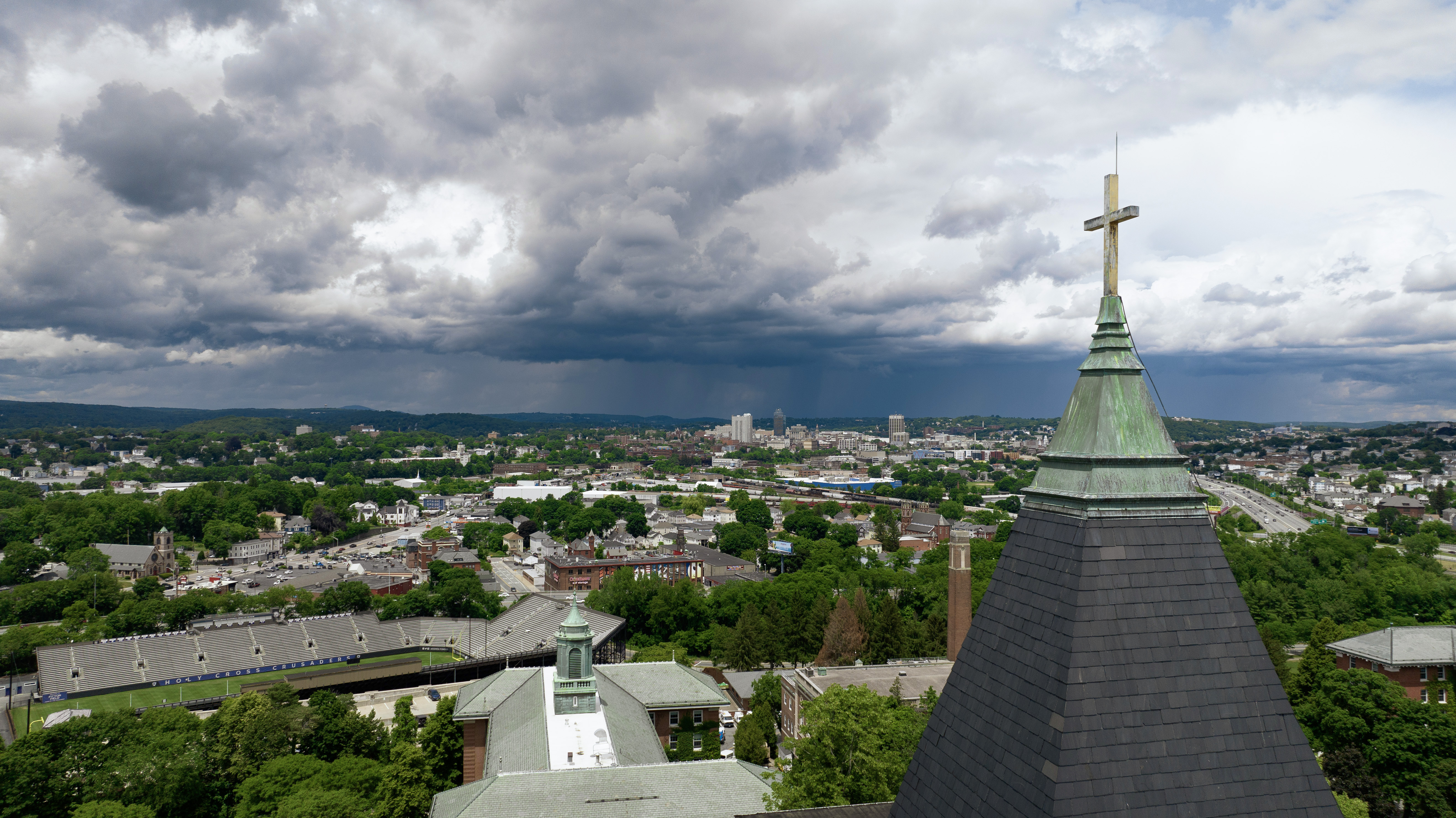aerial drone image of the Holy Cross and surrounding Worcester, MA