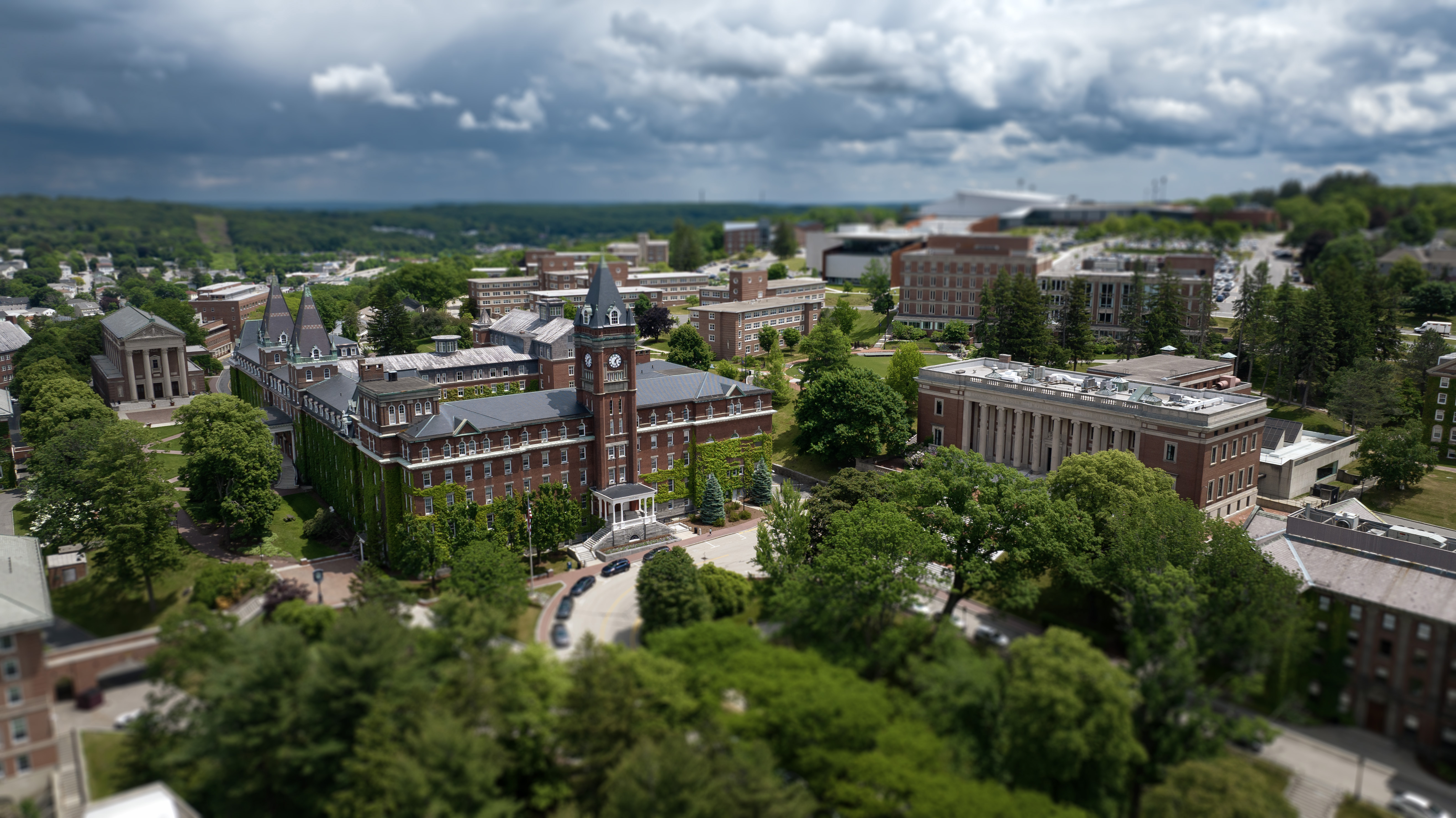 aerial drone image of the Holy Cross and surrounding Worcester, MA