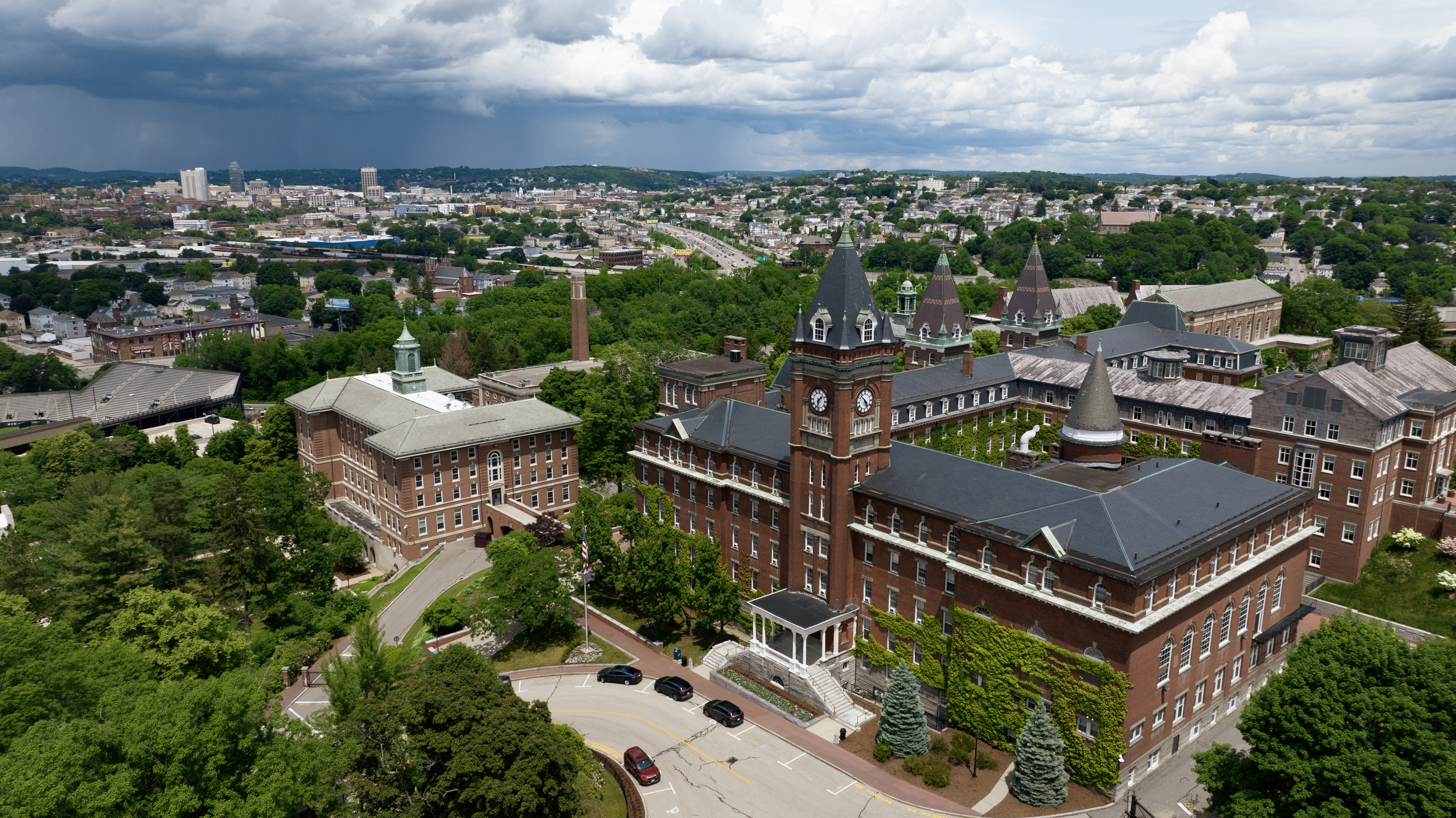 An aerial image of a college campus