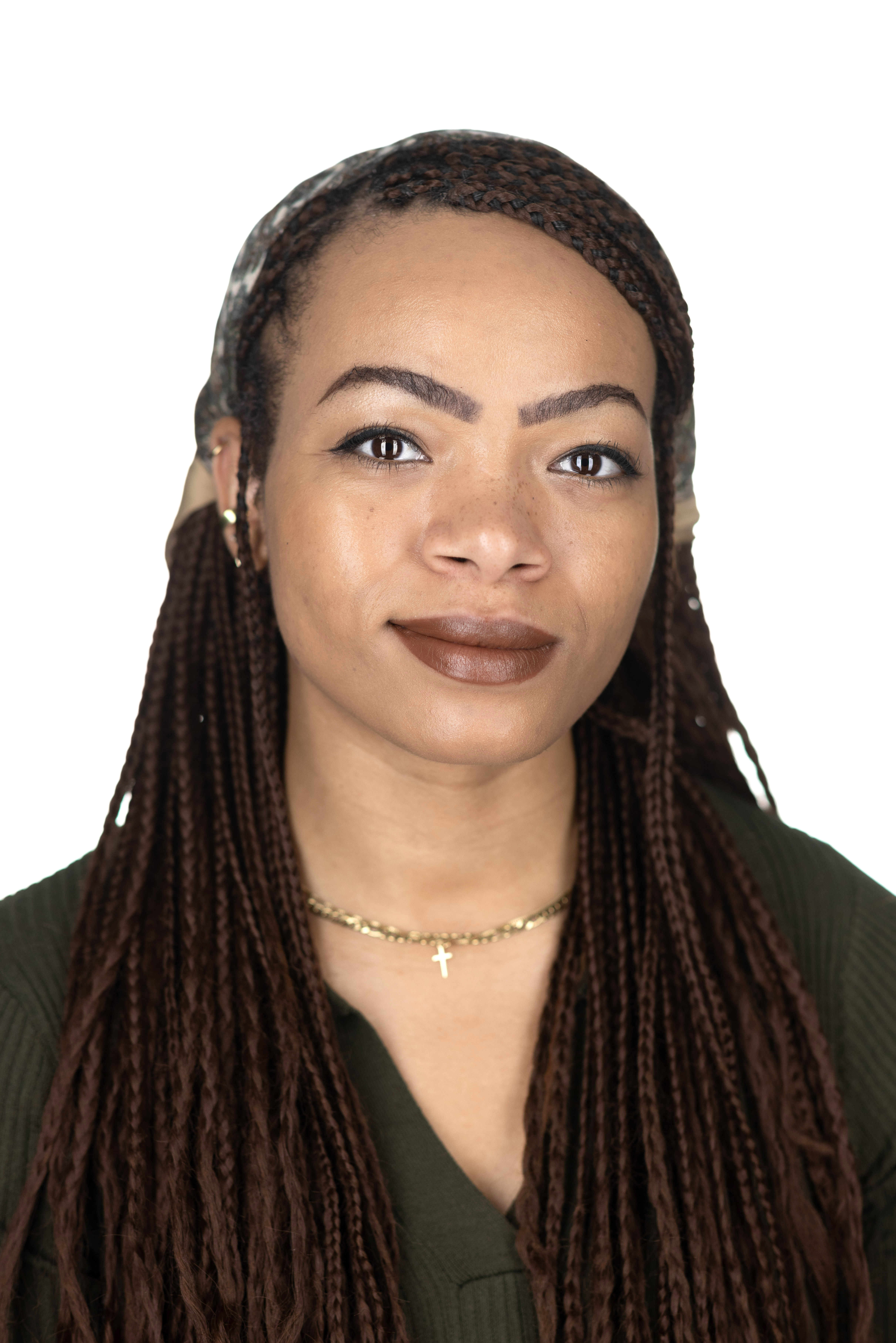Close up portrait of a woman with a white background