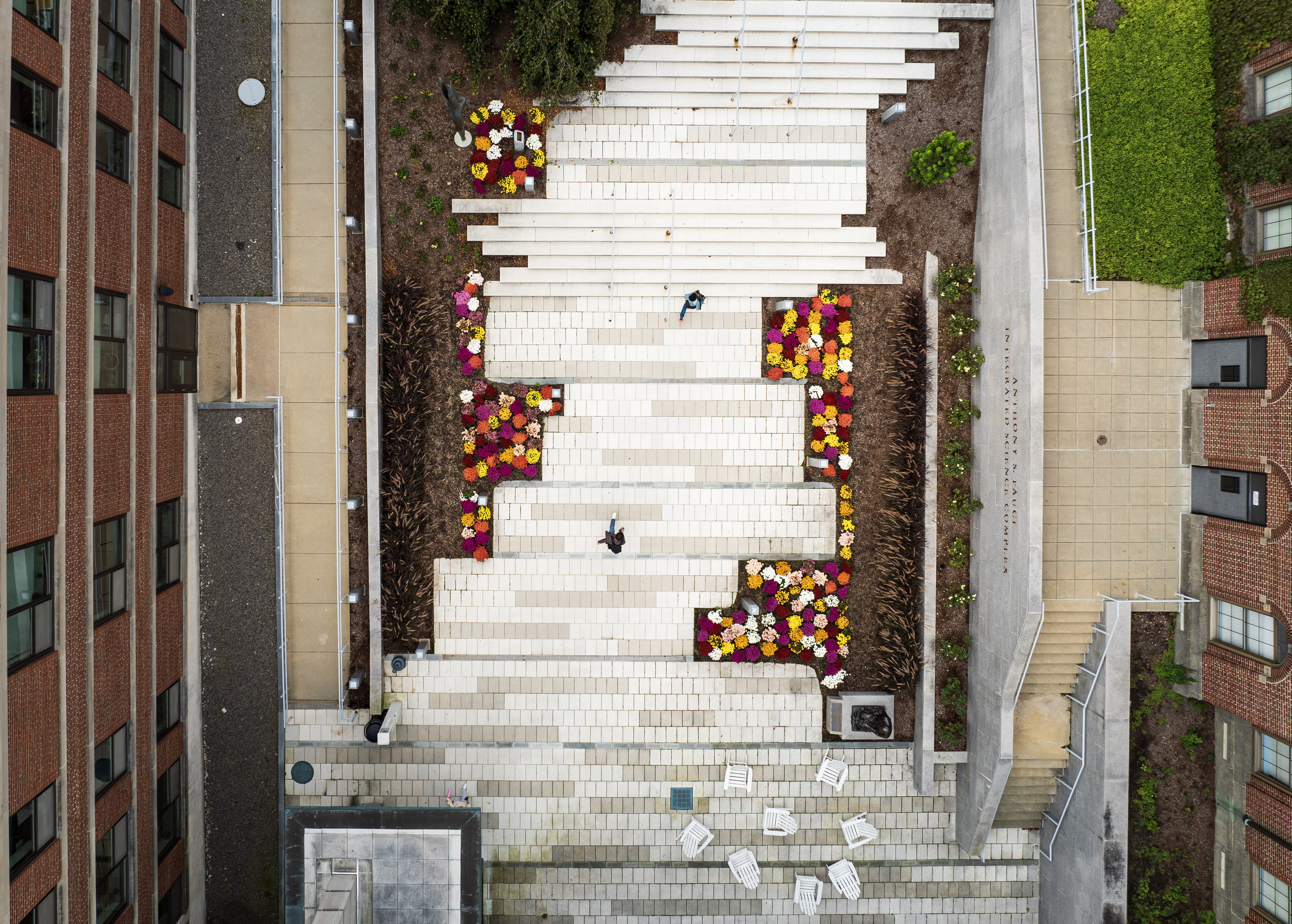 aerial drone image of the Holy Cross looking straight down on the Science Plaza