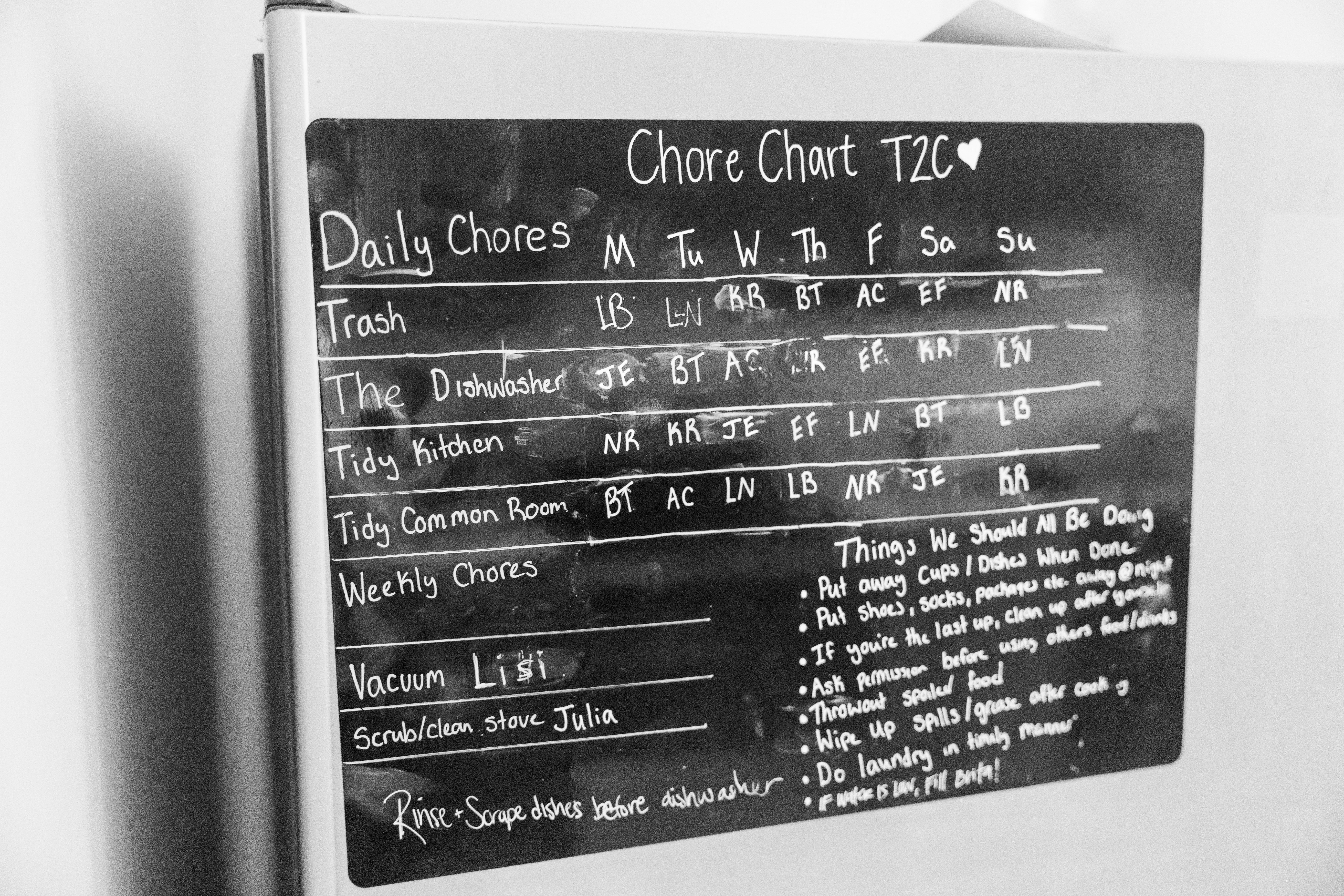 A detail photo of a schedule of chores posted on a fridge.