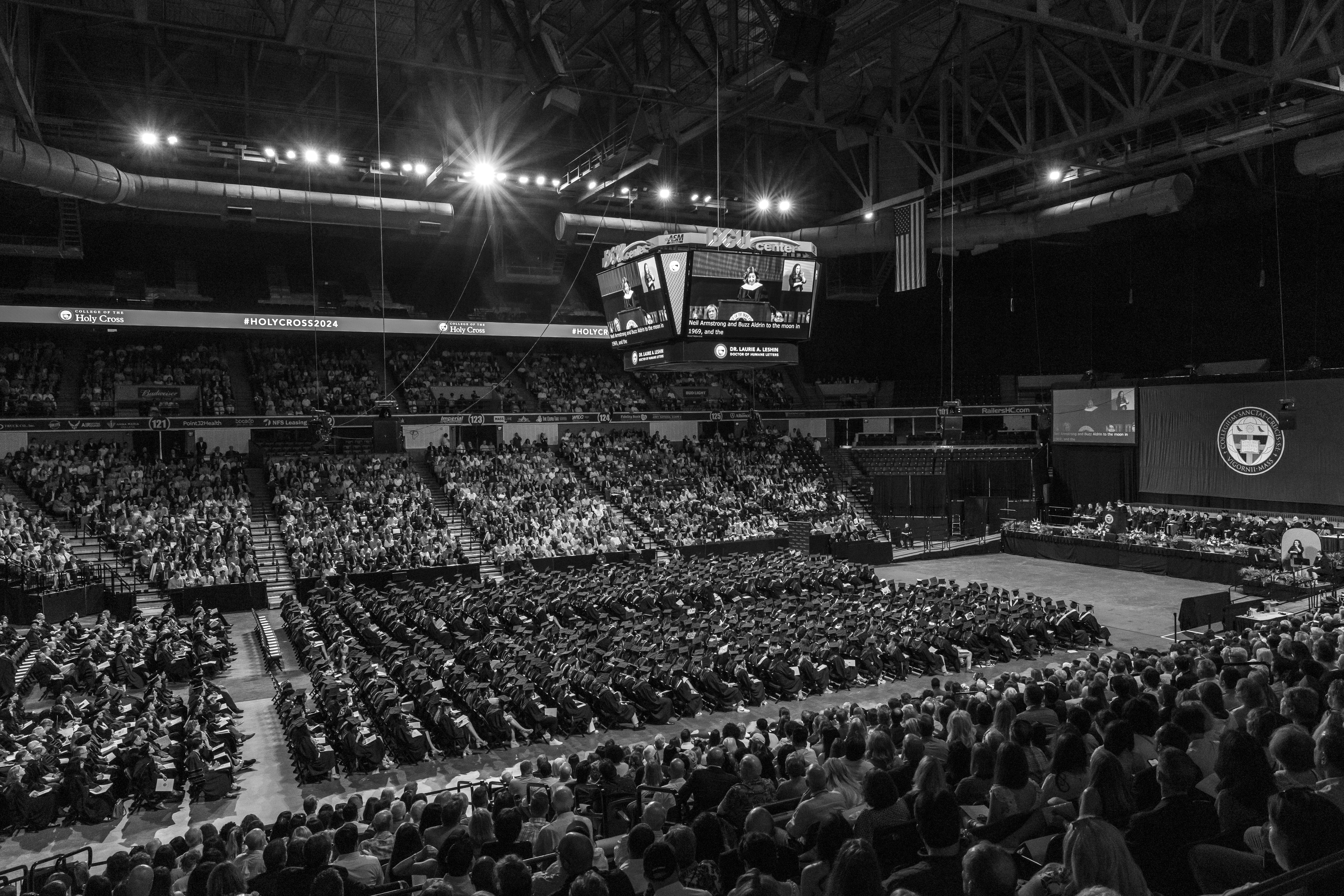 A high angle view of commencement exercises at the DCU Center in Worcester, MA.