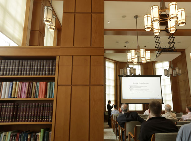 Charles Schufreider '17, a member of the College Honors Program, presents his honors thesis, &quot;On the Format of the Scholia to the Iliad in the Venetus A Manuscript,” in Rehm Library
