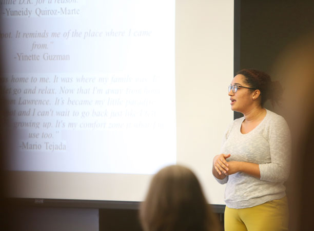 Mariel Aleman '18 presents her capstone on &quot;Lawrence MA: Un Hogar Lejos de Casa con una Identity Dominicana” to a full room during the Latin American and Latino studies session of the Academic Conference.