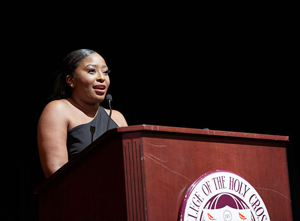 Nakyah Lucas '20, co-president of the BSU, introduces Loretta Lynch