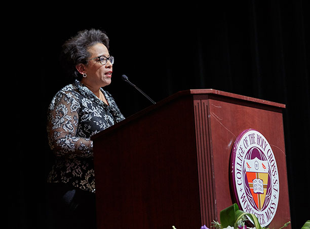 Loretta Lynch addresses students and alumni in the Hogan Ballroom