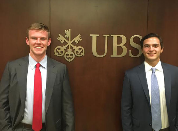 Liam Ryan '19 (left) and Drew Babiak '19, both economics majors, intern at UBS in New York, New York.