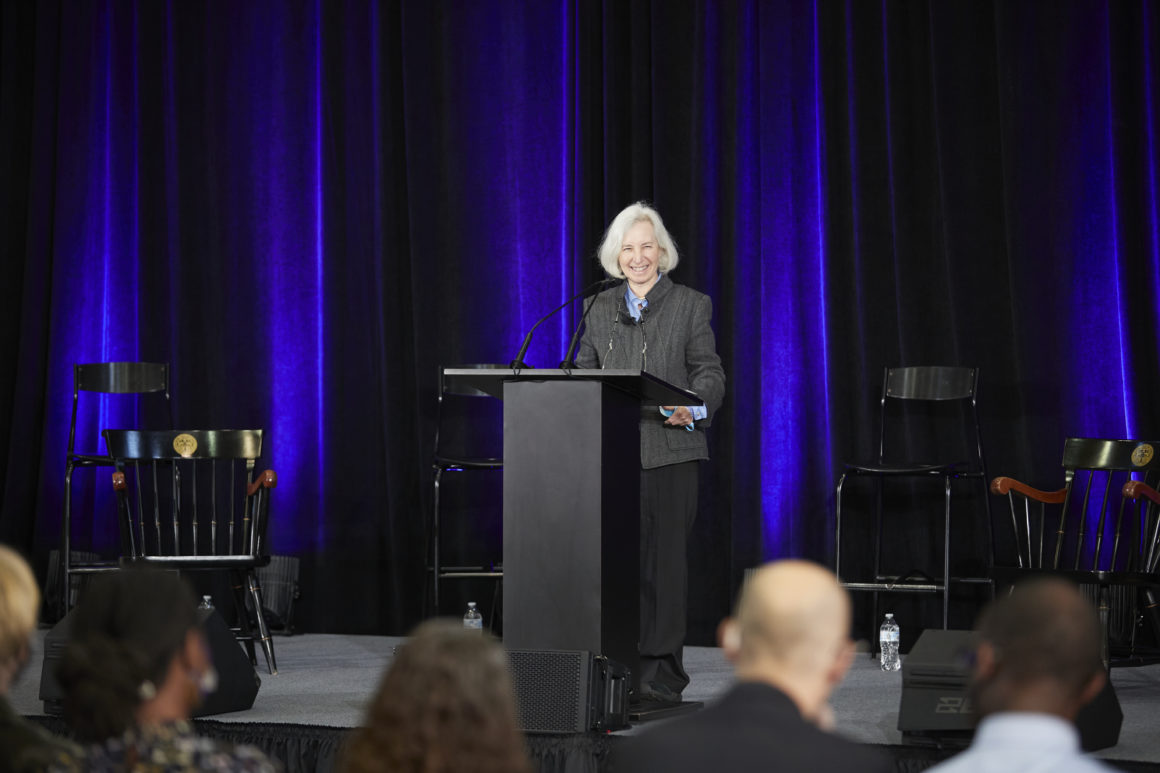 Former Dean of Harvard Law School Martha Minow speaking at a faculty symposium held in Dinand Library. Photo by Michael Quiet