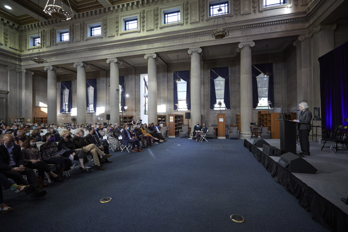 Former Dean of Harvard Law School Martha Minow speaking at a faculty symposium held in Dinand Library. Photo by Michael Quiet