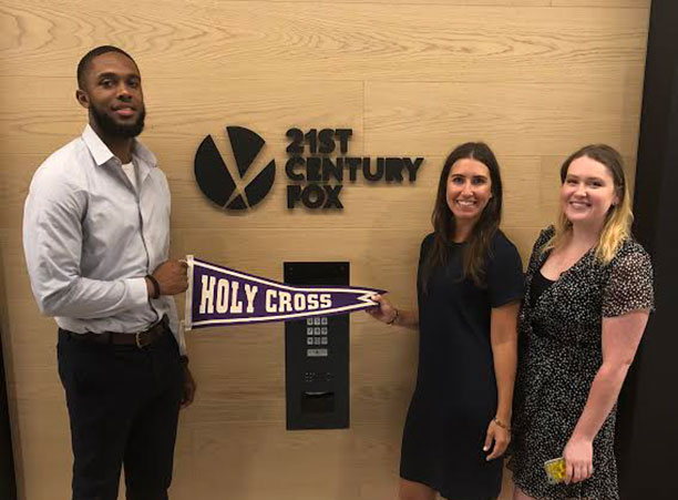 Marcellis Perkins '19 (left), a sociology major with a minor in philosophy and a concentration in Africana studies, and Devyn McHugh '19 (right), a self-designed digital media studies major — pictured with alumna Martha Daltan '09 — intern at Fox Networks Group in New York, New York.