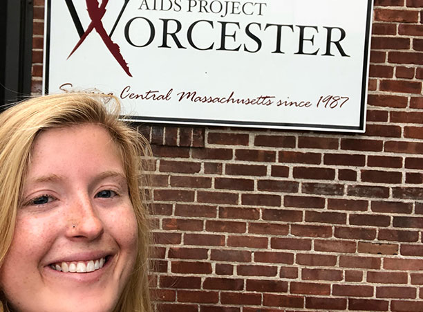 Megan Hawke '20, an anthropology major, interns at AIDS Project Worcester in Worcester, Mass.