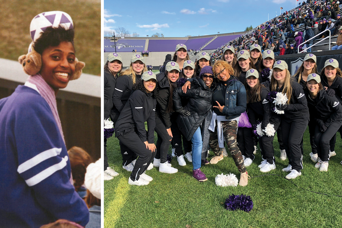 Rabun at Holy Cross in 1986 (left) and with her classmate and fellow cheerleader Jacqueline Abercrombie ’90 and the Holy Cross cheerleading squad in 2018.