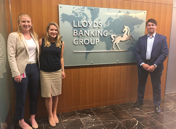 - Olivia D'Anna (center), an economics and Italian double major, and Brooks Young '19 and Megan Lawlor '19, both economics majors, intern at Lloyds Bank in New York, New York.