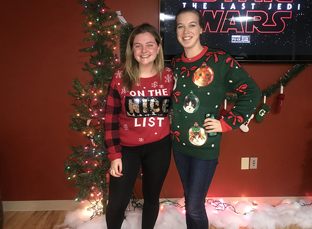 Students get in the holiday spirit with wear ugly sweaters during Inter-House Council’s annual residence hall decorating contest.