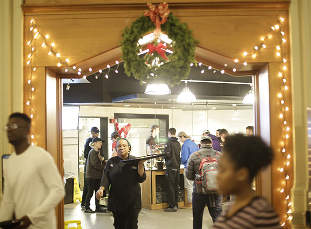 The College’s main dining hall, Kimball Hall, is decorated for the holidays.