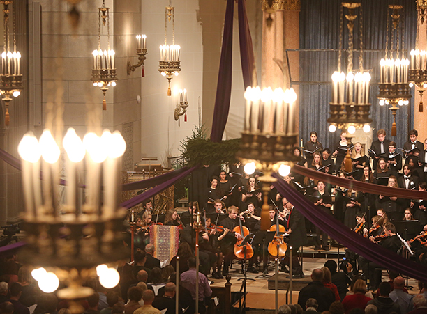 The College Choir and Chamber Orhcestra fill St. Joseph Memorial Chapel with beautiful music during Advent Festival of Lessons &amp; Carols.