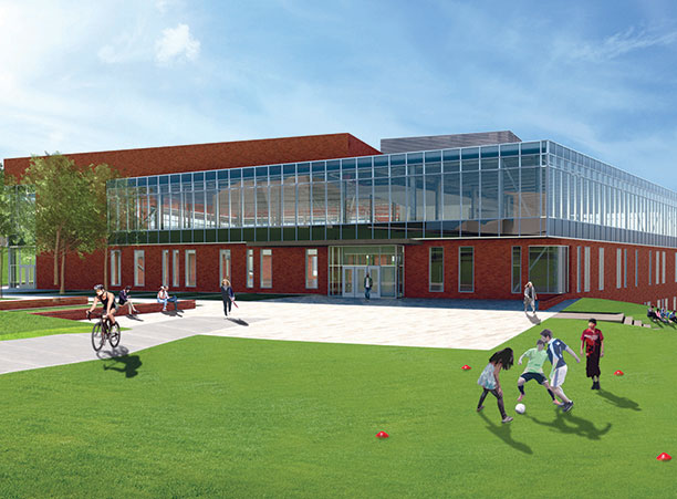 A rendering of the new Joanne Chouinard-Luth Recreation and Wellness Center, with mock students playing sports on the grass