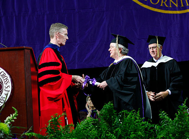 Ellen S. Dunlap, president of the American Antiquarian Society in Worcester, receives an honorary degree of humane letters.