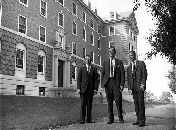 Archival image of students outside of Wheeler Hall.