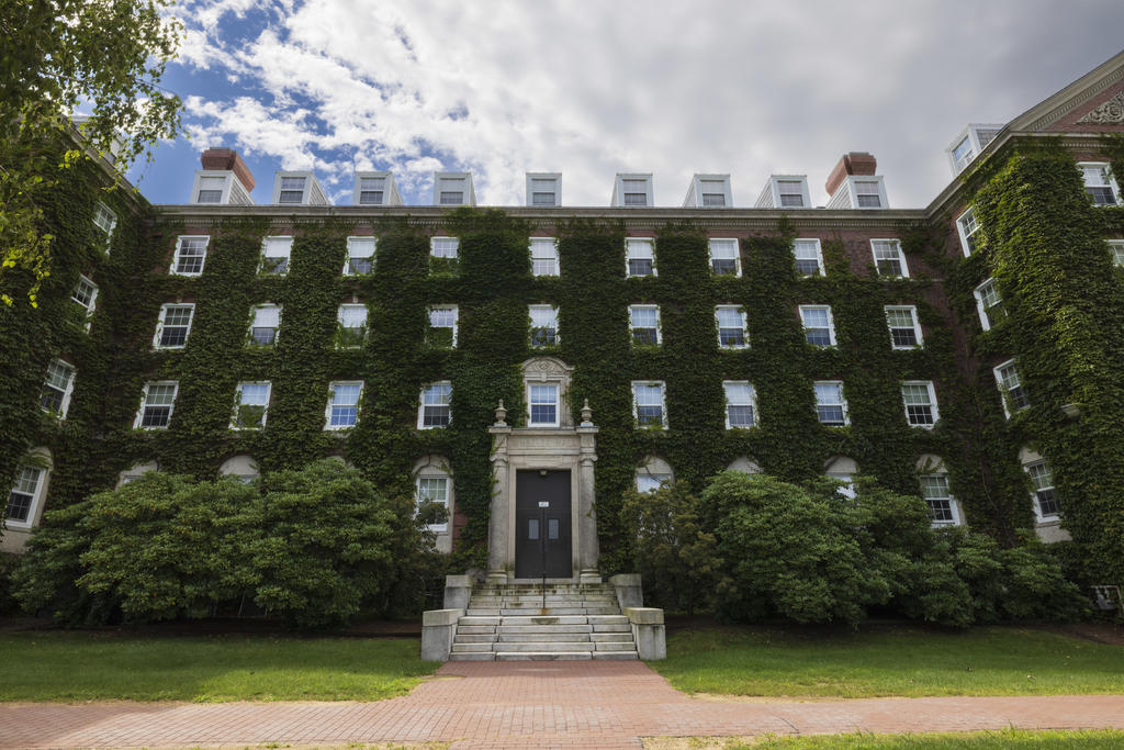 Cloud covered sky, brick building with many windows covered in ivy