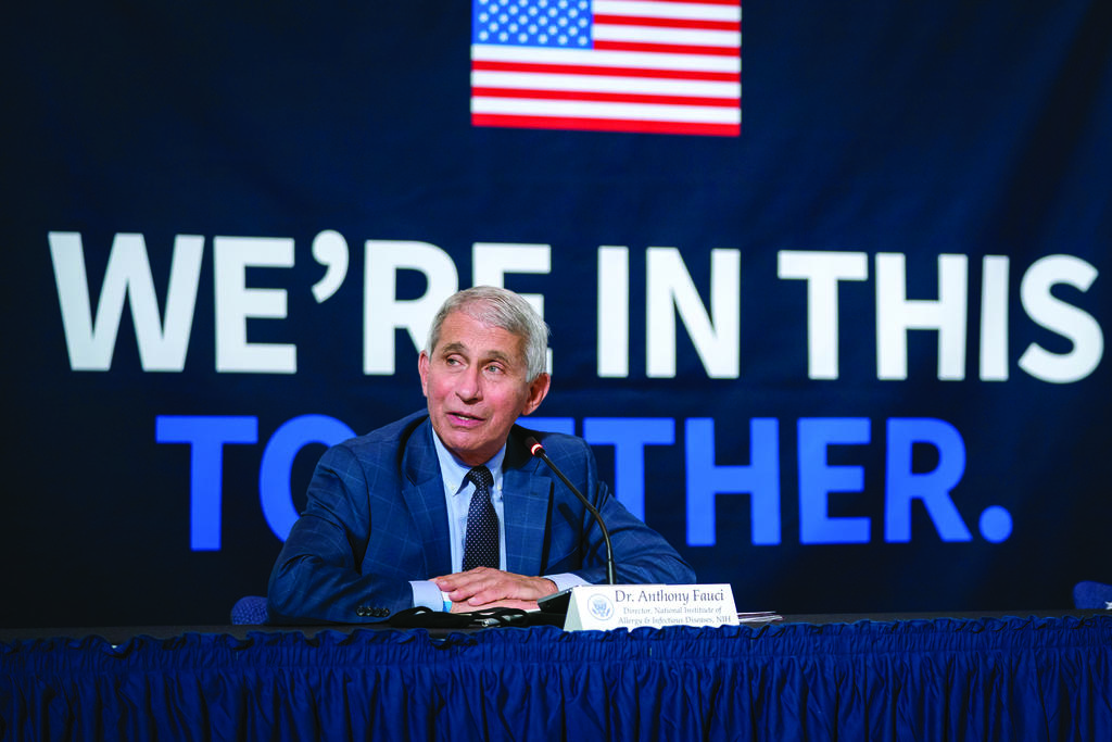 Fauci speaks at a July 2020 roundtable on donating plasma at the American Red Cross National Headquarters in Washington, D.C.