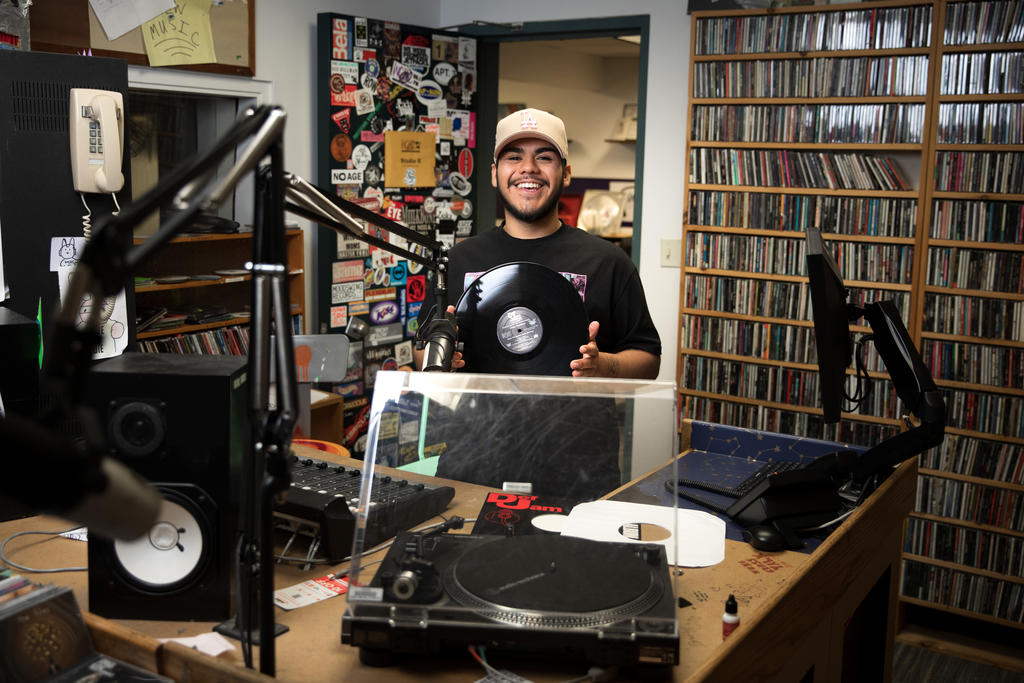 A college radio dj in the studio 