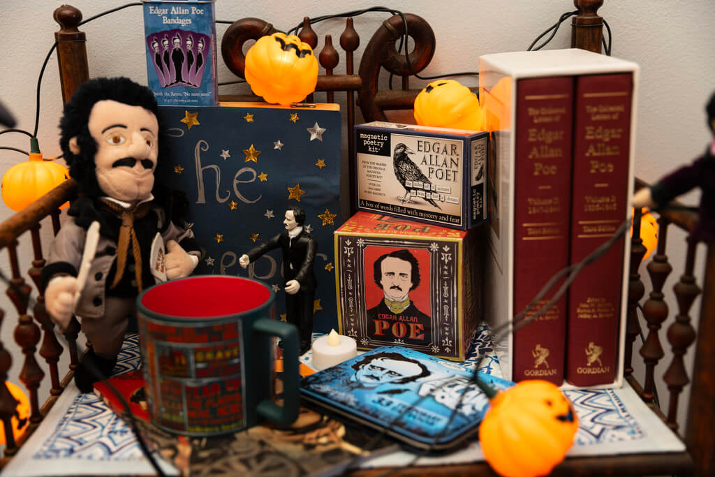 Edgar Allan Poe doll and pumpkin garland