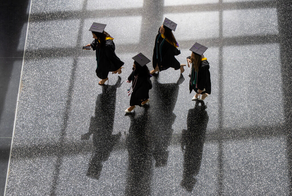 Aerial view of students in caps and gowns