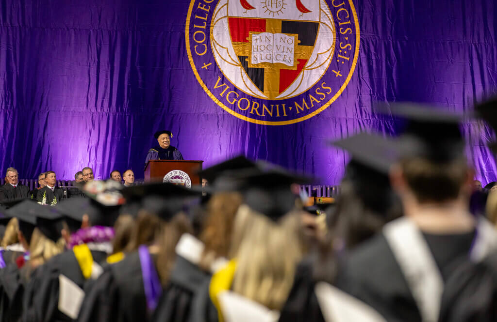 College President Vincent D. Rougeau addresses students at the 179th commencement of the College of the Holy Cross