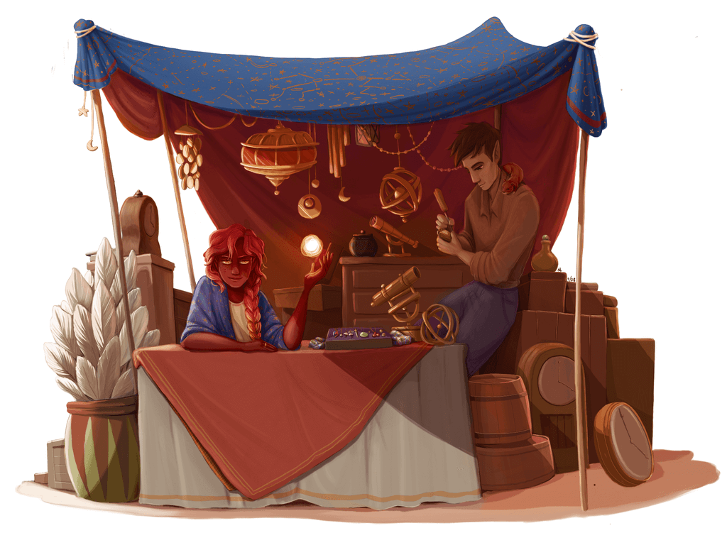 Illustration of two people sit under a bazaar tent
