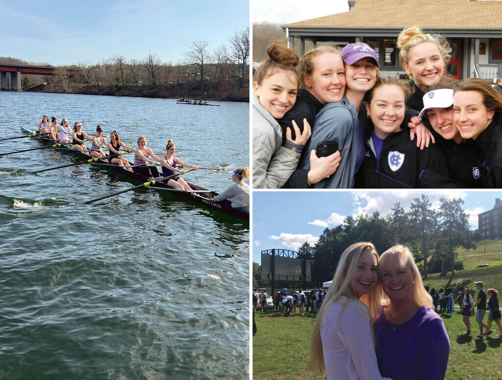 Collage of photos of Caroline Quinn with crew team and mom