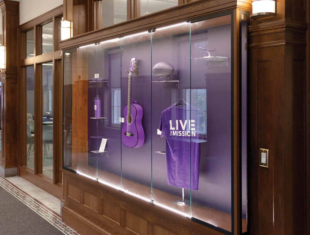 Display cases full of purple items