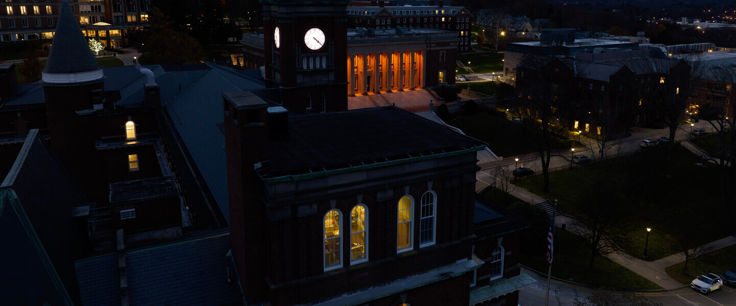 A brick building at dusk