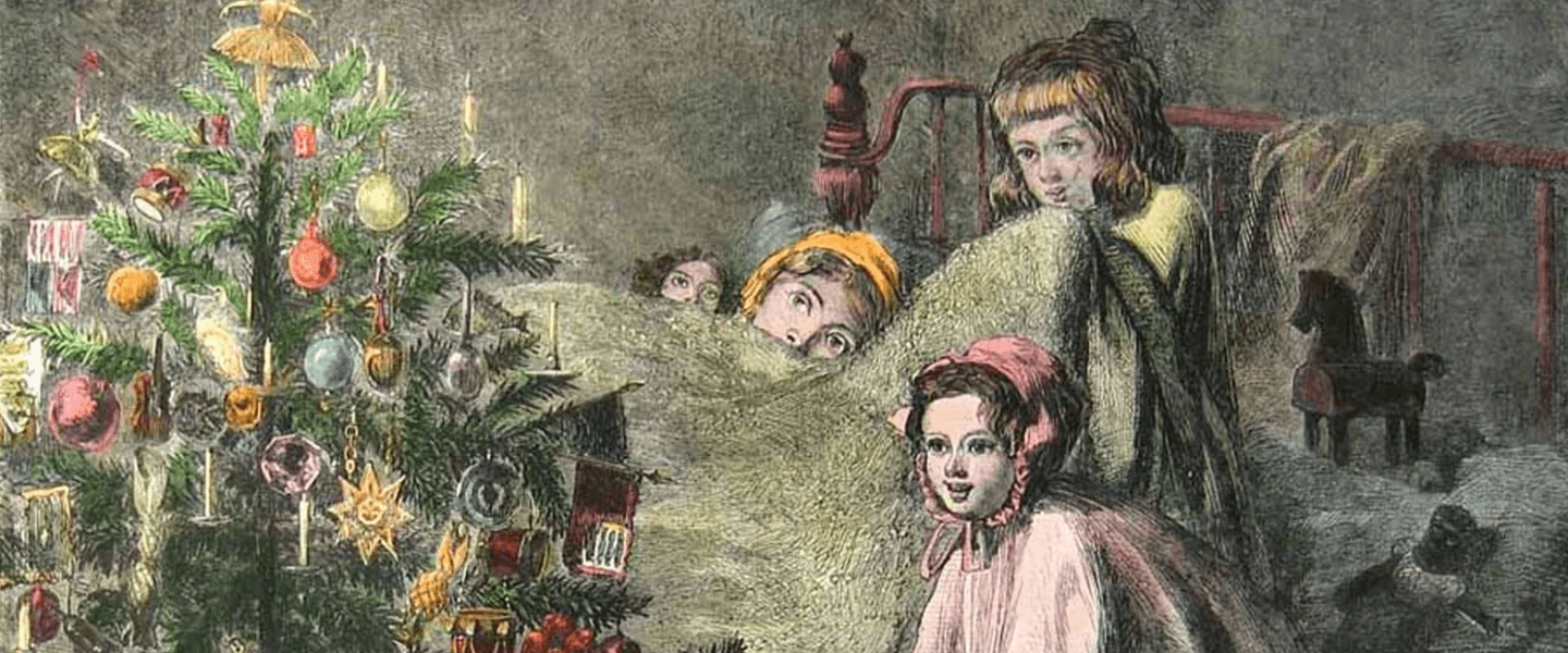 Illustration of Victorian children looking at a Christmas tree.
