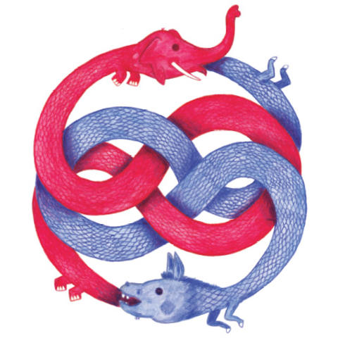 An homage to an ouroboros, a snake that eats its own tail, symbolizing the parties continuing interactions; it also represents one’s mind if one is caught in a constant anxiety loop over politics. Illustration by Stephen Albano