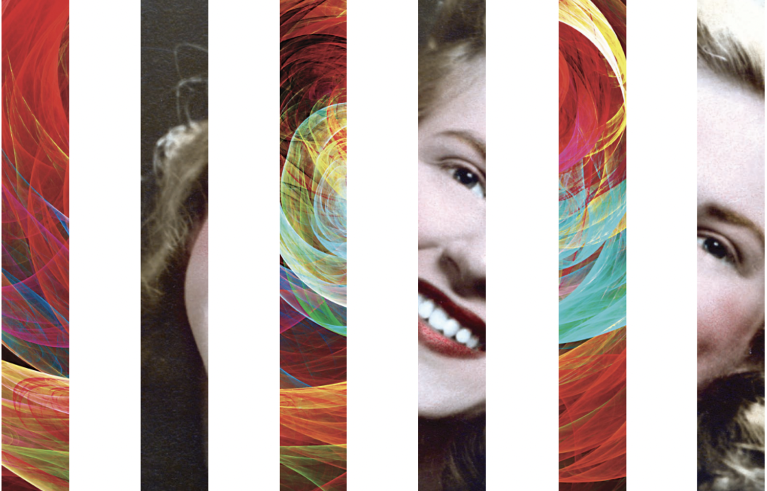 A headshot of a woman divided into six vertical segments