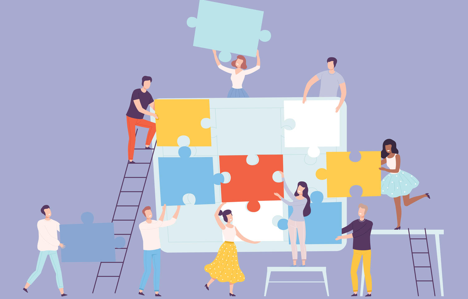 Illustration of people putting together puzzle pieces