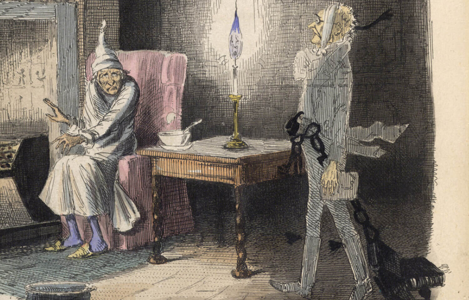 Man by fire in room with ghost of a man