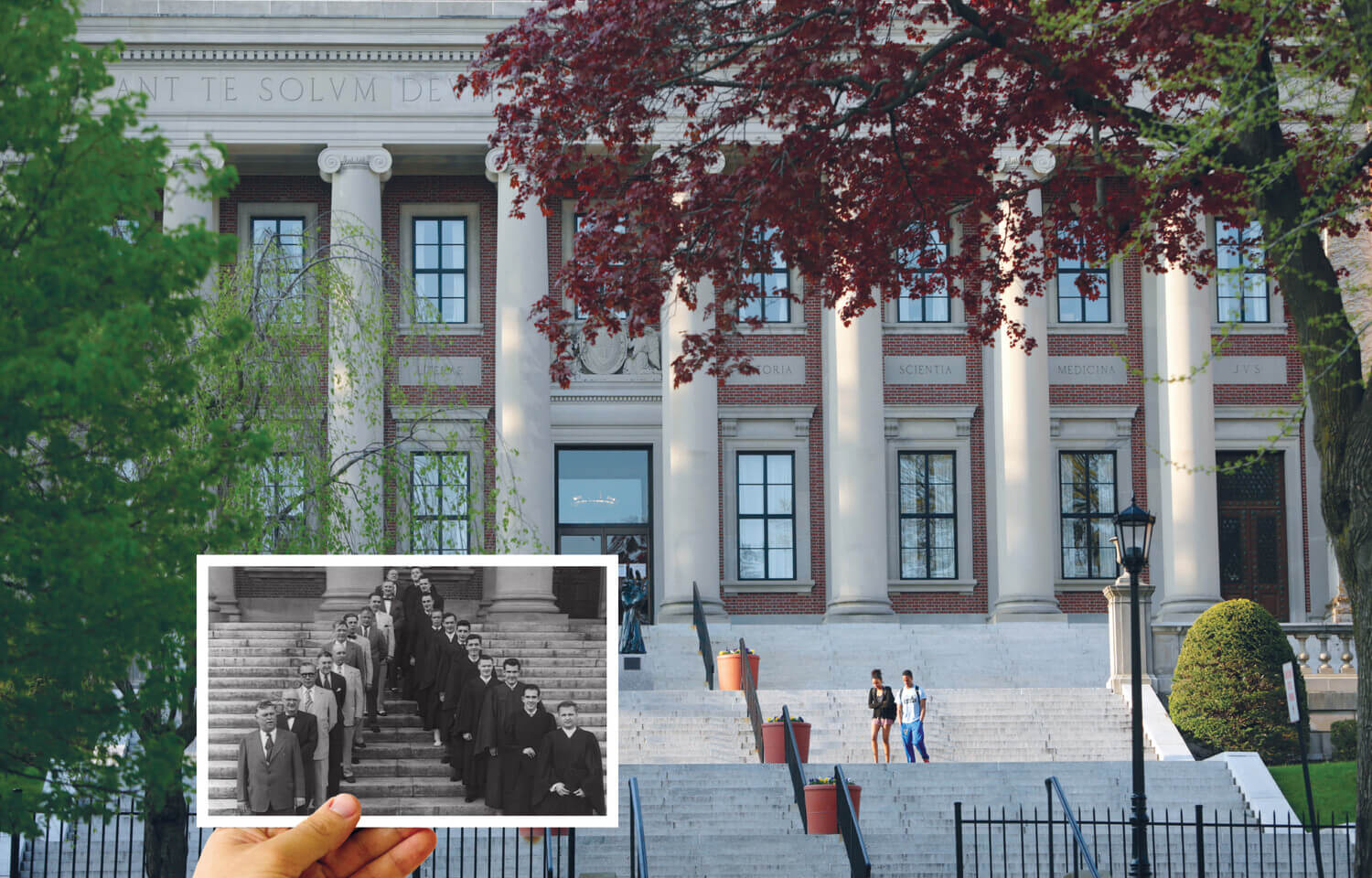 Historic photo of Dinand Library inset over current photo