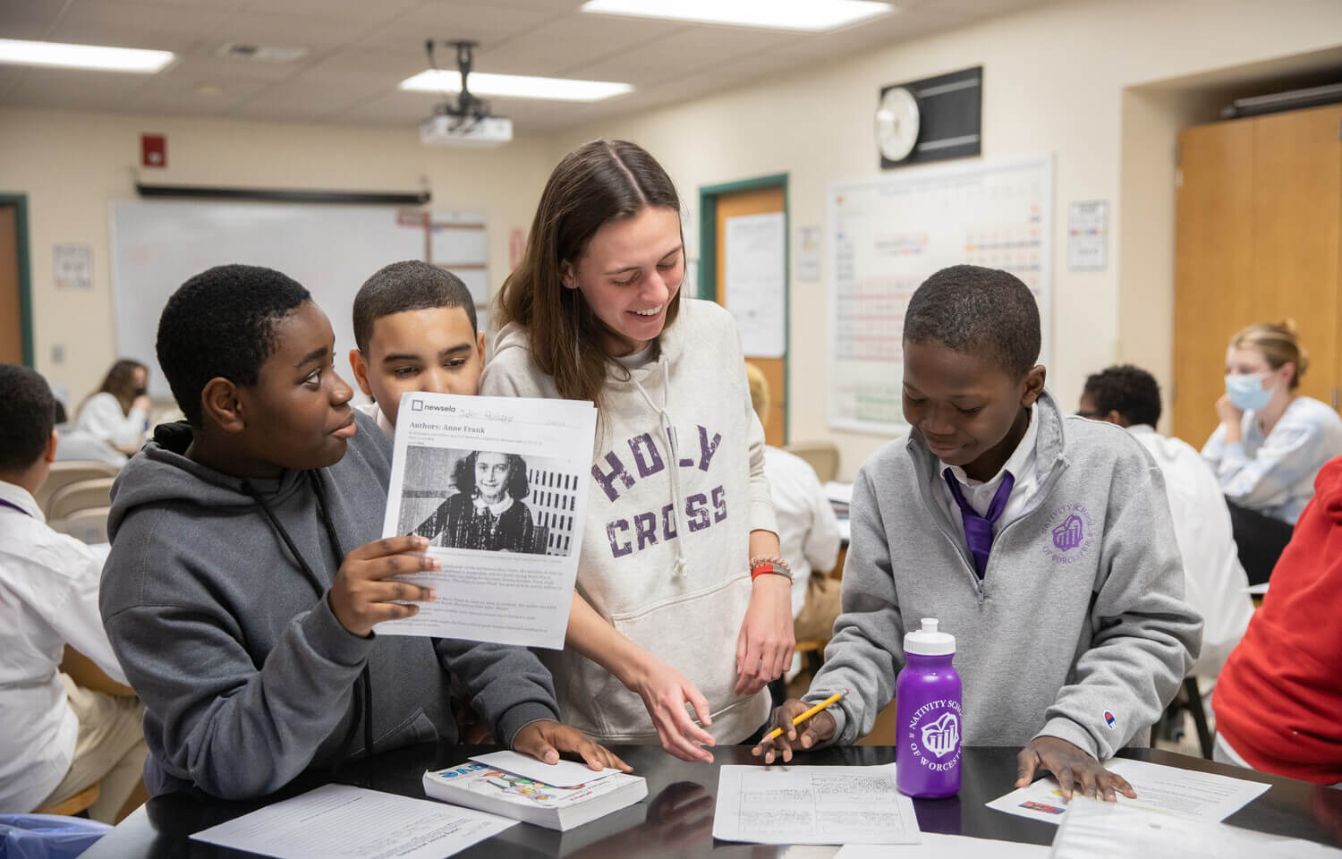 Holy Cross students volunteering at the Nativity School in Worcester, through the College's SPUD program