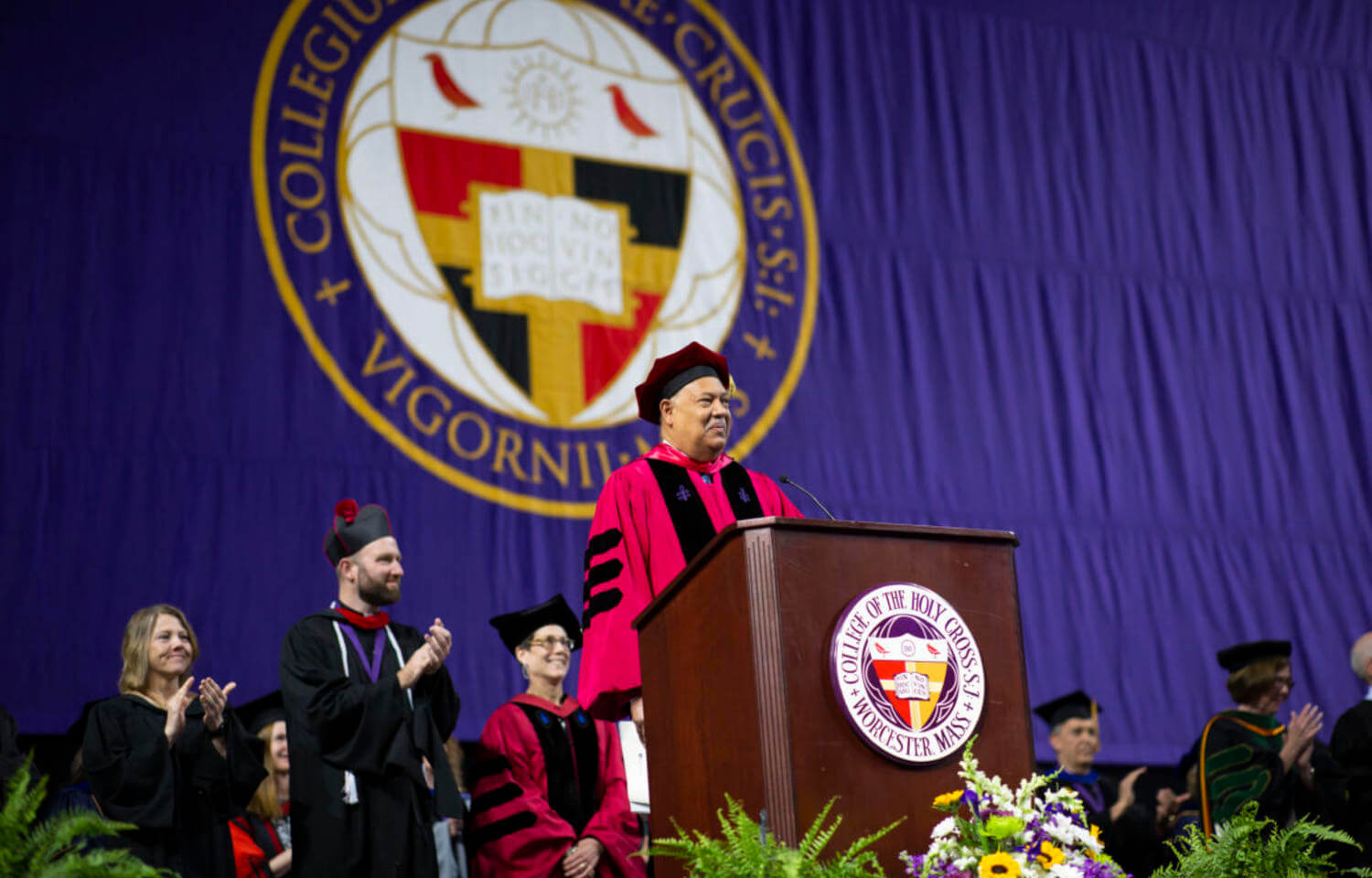 College of the Holy Cross President Vincent Rougeau greets attendees and graduates at the start of 2023 commencement exercises at the DCU Center on May 26, 2023 in Worcester, Massachusetts. (Photo by Michael Ivins/Holy Cross)